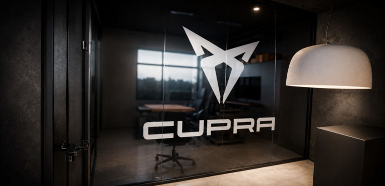 Oklejona szklana ściana z białym logo CUPRA