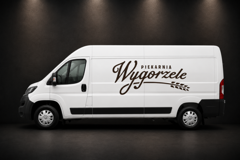 Biały samochód dostawczy z brązowym logo Piekarnia Wygorzele