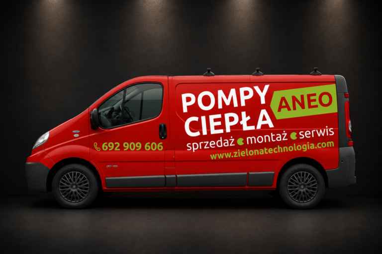 Czerwony samochód dostawczy ANEO z reklamą pomp ciepła w kolorze białym i zielonym