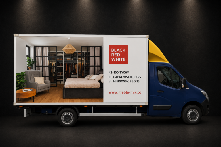 Samochód ciężarowy Black Red White z wielkoformatową reklamą sypialni na zabudowie