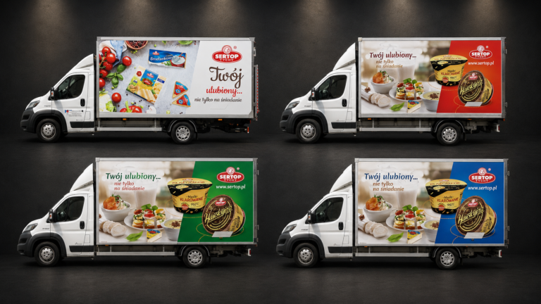 Samochody dostawcze Sertop oklejone reklamami serów i masła klarowanego