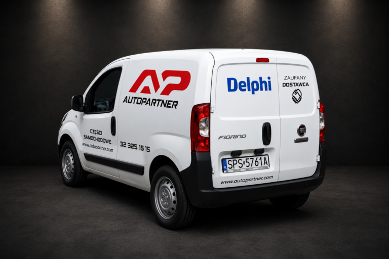 Biały Fiat Fiorino z logo Auto Partner i Delphi na bokach oraz tylnych drzwiach