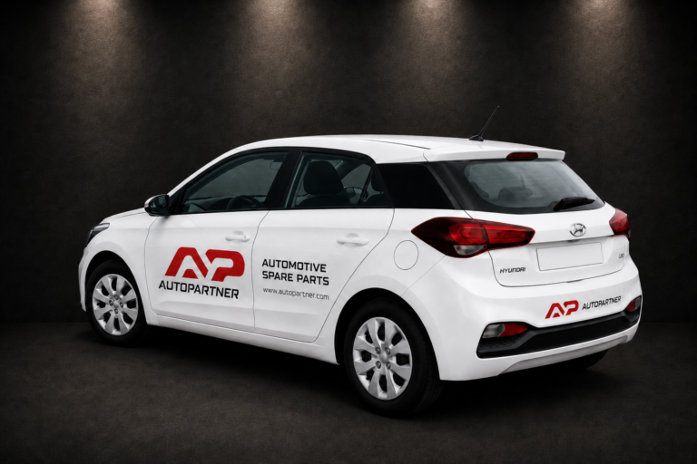Biały samochód osobowy Auto Partner z czerwonym logo AP i napisem Automotive Spare Parts
